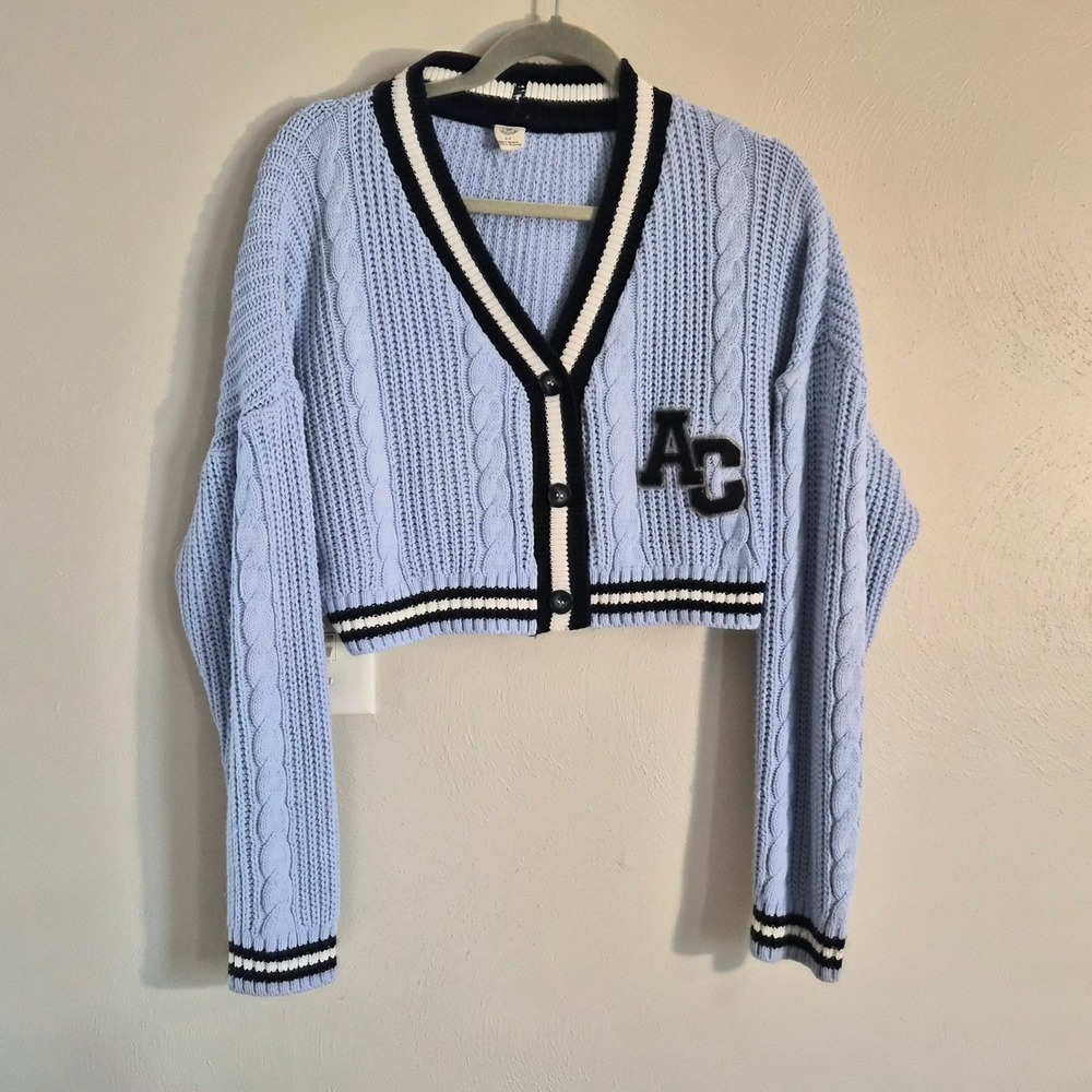 Urban Outfitters Womens Small Blue Varsity Cable Knit Cropped Cardigan Sweater